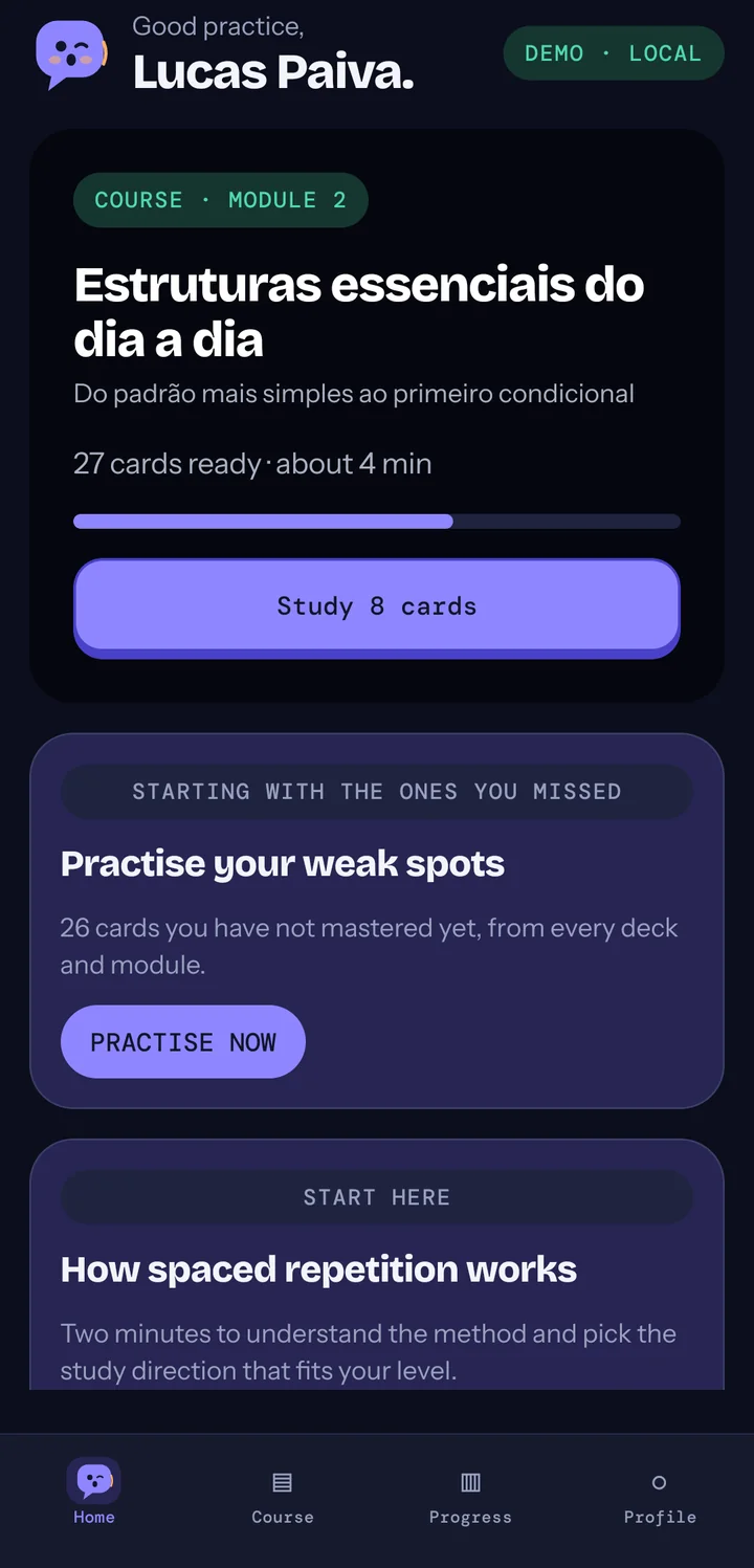 Destrava home in dark mode, with the current course module and practice of the hardest cards.