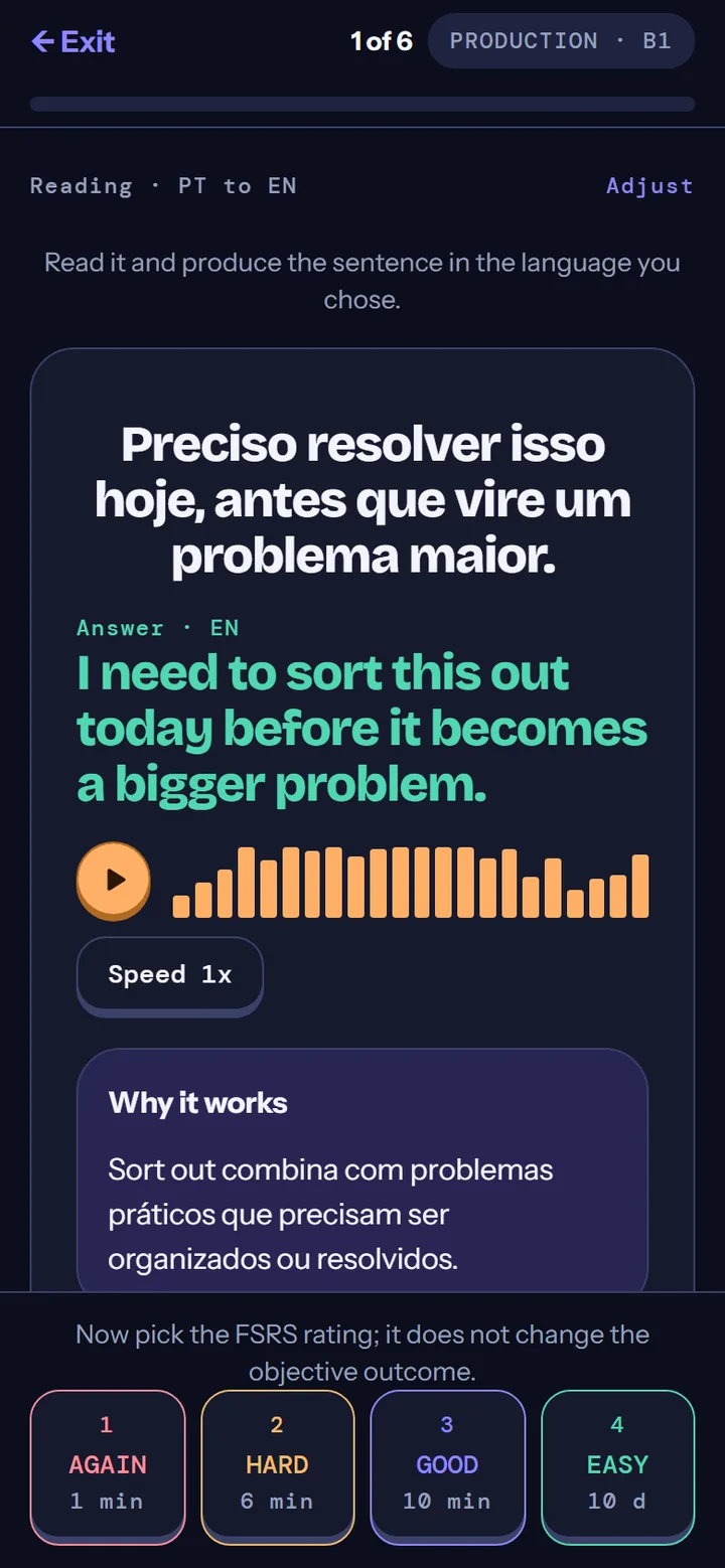Revealed study card: the Portuguese sentence, the English answer with audio, the explanation and the FSRS rating buttons.