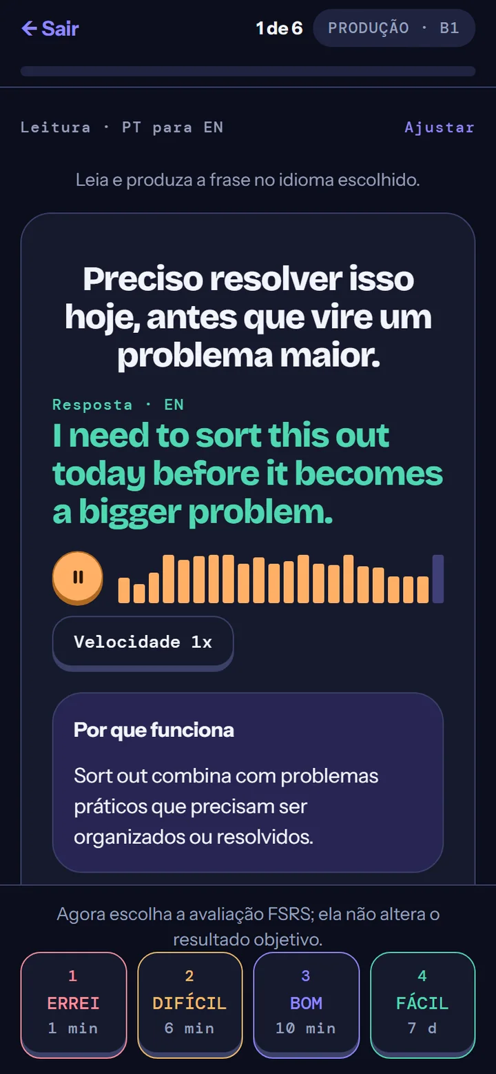 Cartão de estudo revelado: a frase em português, a resposta em inglês com áudio, a explicação e os botões de avaliação do FSRS.